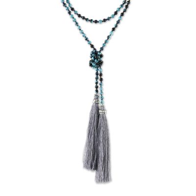 Agate Beaded Lariat Necklace in Grey from Thailand