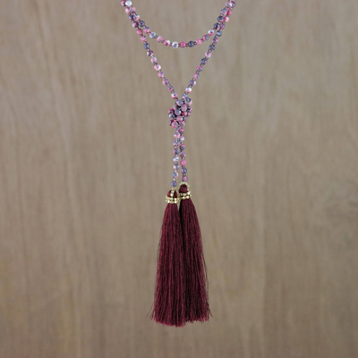 Agate beaded lariat necklace, 'Festive Holiday in Dark Red' - Agate Beaded Lariat Necklace in Dark Red from Thailand