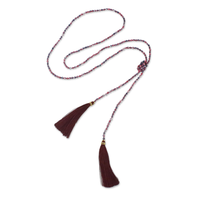 Agate beaded lariat necklace, 'Festive Holiday in Dark Red' - Agate Beaded Lariat Necklace in Dark Red from Thailand