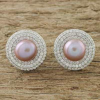 Rhodium plated cultured pearl button earrings, 'Ocean Rose'