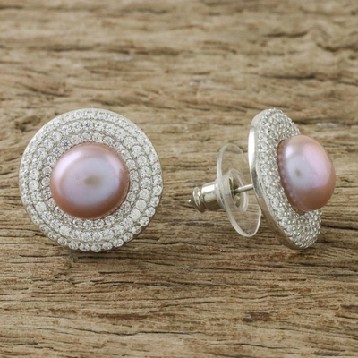 Rhodium plated cultured pearl button earrings, 'Ocean Rose' - Rose Cultured Pearl and Rhodium-Plated Brass Button Earrings