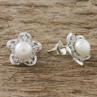 Rhodium plated cultured pearl button earrings, 'Starflower of the Sea' - Cultured Pearl Rhodium-Plated Brass Flower Button Earrings