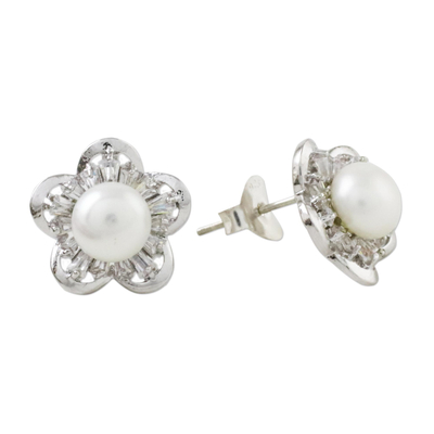 Rhodium plated cultured pearl button earrings, 'Starflower of the Sea' - Cultured Pearl Rhodium-Plated Brass Flower Button Earrings