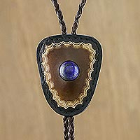 Western Style Leather Bolo Tie with Lapis Lazuli Accent,'Hip Cowboy'