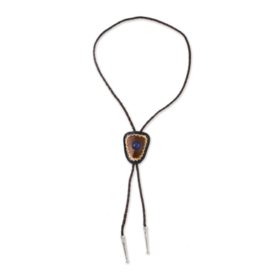 Corbata bolo de lapizlázuli y piel - Corbata Bolo de cuero estilo occidental con detalles en lapislázuli