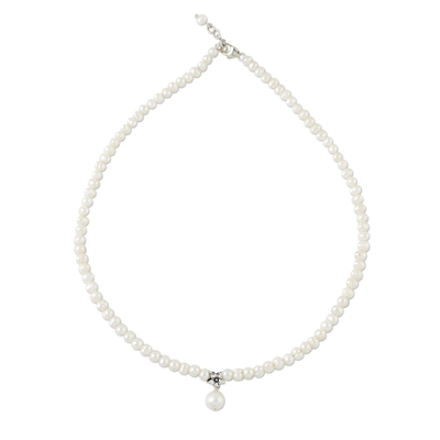 Cultured pearl beaded pendant necklace, 'White Halo' - Cultured Pearl and Sterling Silver Flower Pendant Necklace