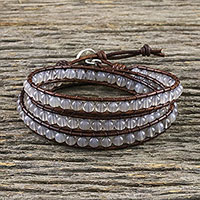 Chalcedony beaded wrap bracelet, 'Spring Fog' - Chalcedony and Leather Beaded Wrap Bracelet from Thailand