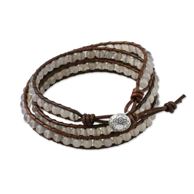 Chalcedony beaded wrap bracelet, 'Spring Fog' - Chalcedony and Leather Beaded Wrap Bracelet from Thailand