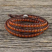 Carnelian beaded wrap bracelet, 'Spring Fire'