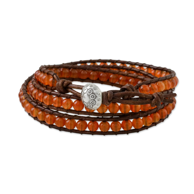 Carnelian beaded wrap bracelet, 'Spring Fire' - Carnelian and Leather Beaded Wrap Bracelet from Thailand