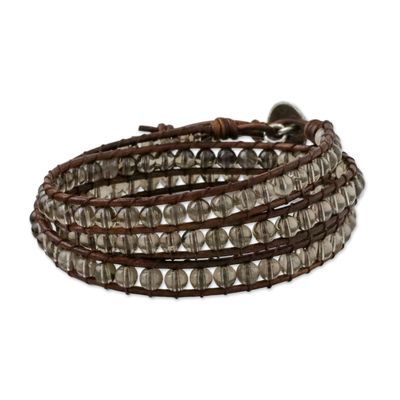 Smoky quartz beaded wrap bracelet, 'Spring Smoke' - Smoky Quartz and Leather Beaded Wrap Bracelet from Thailand