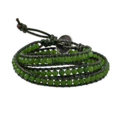 Green Quartz and Leather Beaded Wrap Bracelet from Thailand