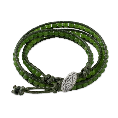 Quartz beaded wrap bracelet, 'Spring Meadow' - Green Quartz and Leather Beaded Wrap Bracelet from Thailand