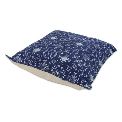 Cotton batik cushion covers, 'Indigo Thatch' (pair) - Batik Cotton Cushion Covers with Thatch Motifs (Pair)