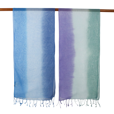 Pañuelos de algodón, (par) - Bufandas de algodón tejidas a mano en tonos fríos de Tailandia (par)