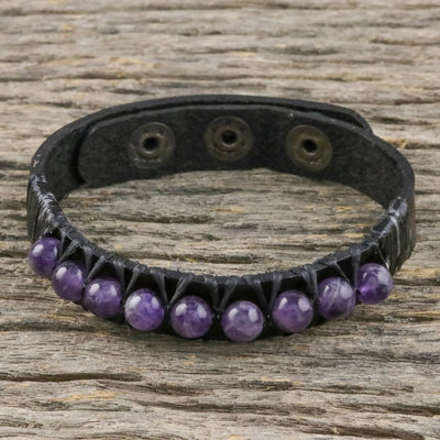 Amethyst and leather wristband bracelet, 'Rock Walk' - Amethyst and Leather Wrtistband Bracelet from Thailand