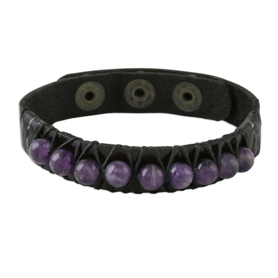 Amethyst and Leather Wrtistband Bracelet from Thailand