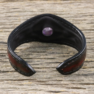 Amethyst cuff bracelet, 'The Power' - Amethyst and Leather Cuff Bracelet from Thailand