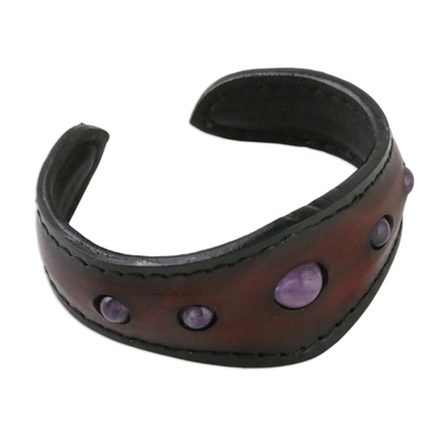 Amethyst cuff bracelet, 'The Power' - Amethyst and Leather Cuff Bracelet from Thailand