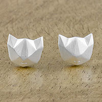 Aretes de plata de ley - Aretes de plata esterlina con forma de gato geométrico de Tailandia