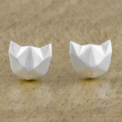 Sterling silver stud earrings, 'Cat Lover' - Geometric Cat Sterling Silver Stud Earrings from Thailand
