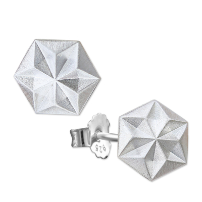 Sterling silver stud earrings, 'Hexagonal Stars' - Hexagonal Sterling Silver Stud Earrings from Thailand