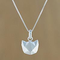 Sterling silver pendant necklace, 'Cat Lover' - Geometric Cat Sterling Silver Pendant Necklace from Thailand