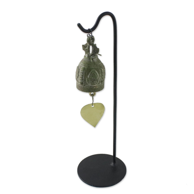 Brass bell, 'Sound of Peace' - Antiqued Brass Bell with Stand from Thailand