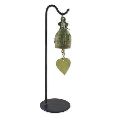 Brass bell, 'Sound of Peace' - Antiqued Brass Bell with Stand from Thailand