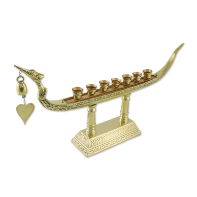 Brass Swan Boat Seven Candleholder with Heart Bell