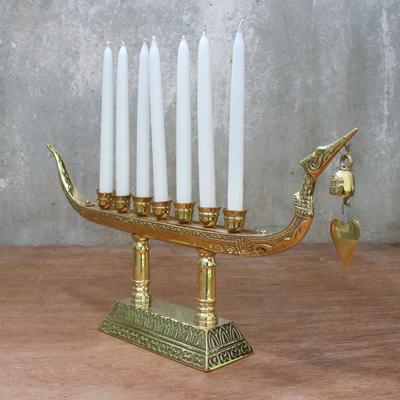 Brass candelabra, 'Graceful Night' - Brass Swan Boat Seven Candleholder with Heart Bell