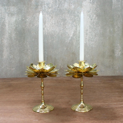 Brass candlesticks, 'Large Luminous Lotus' - Brass Lotus Flower Table Decor Candlesticks (Pair)