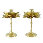 Brass candlesticks, 'Large Luminous Lotus' - Brass Lotus Flower Table Decor Candlesticks (Pair)