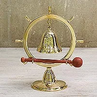 Brass bell, 'On Nautical Time' - Brass Nautical Ship Wheel Bell with Rain Tree Wood Stick