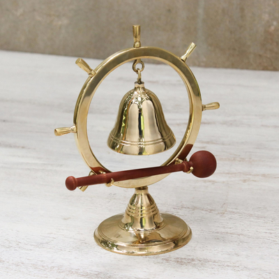 Brass bell, 'On Nautical Time' - Brass Nautical Ship Wheel Bell with Rain Tree Wood Stick
