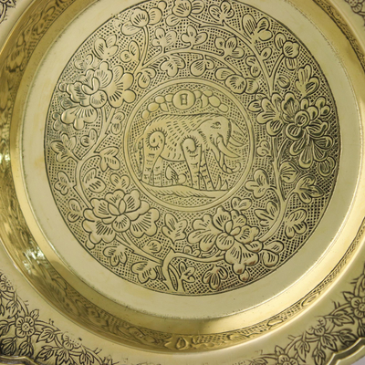 Brass decorative bowl, 'Forest Elephant' - Brass Flower and Leaf Elephant Home Decorative Bowl