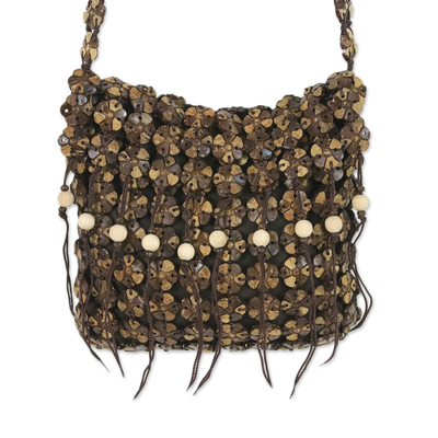 Coconut shell sling, 'Shell Chic' - Handcrafted Espresso Brown Coconut Shell Flower Sling