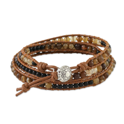 Agate and onyx beaded wrap bracelet, 'Dusky Dunes' - Unisex Agate and Onyx Beaded Leather Cord Wrap Bracelet