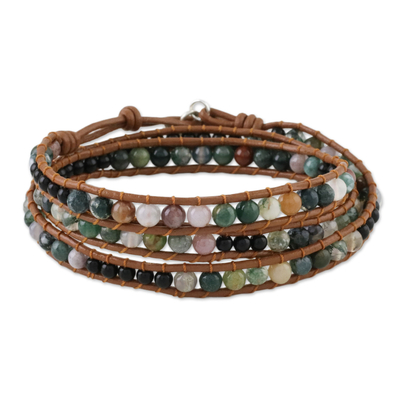 Agate and onyx beaded wrap bracelet, 'Sunset Fields' - Moss Agate and Onyx Beaded Leather Cord Wrap Bracelet