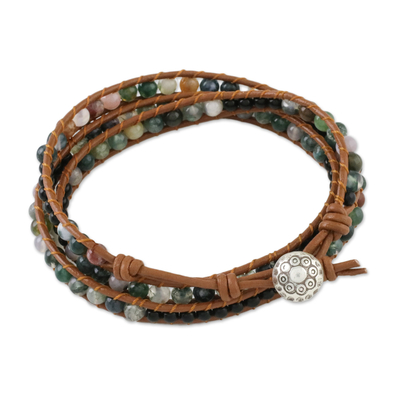 Wickelarmband aus Achat- und Onyxperlen - Wickelarmband aus Leder mit Perlen aus Moosachat und Onyx