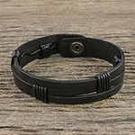 Men's Black Leather Wristband Bracelet with Brass Snap, 'Commander in Black'