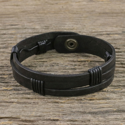 Mens leather wristband bracelet, Commander in Black