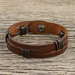 Men's Dark Brown Leather Wristband Bracelet with Brass Snap, 'Commander in Dark Brown'