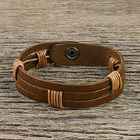 Men's leather wristband bracelet, 'Commander in Light Brown'