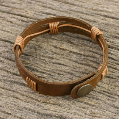 Men's leather wristband bracelet, 'Commander in Light Brown' - Men's Light Brown Leather Wristband Bracelet with Brass Snap