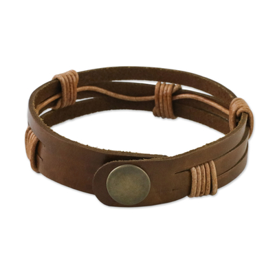 Men's leather wristband bracelet, 'Commander in Light Brown' - Men's Light Brown Leather Wristband Bracelet with Brass Snap