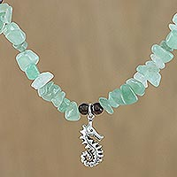 Aventurine and garnet beaded pendant necklace, 'Sauntering Seahorse' - Aventurine Garnet Sterling Silver Seahorse Pendant Necklace
