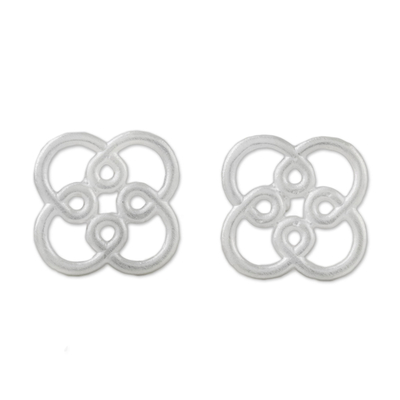 Aretes de plata de ley - Aretes de plata de ley con flor de bucle simétrico