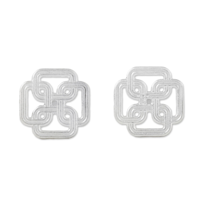 Aretes de plata de ley - Pendientes de botón de plata de ley con motivo de laberinto cuadrado