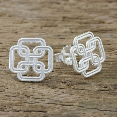 Sterling silver stud earrings, 'Journey Together' - Square Labyrinth Motif Sterling Silver Stud Earrings